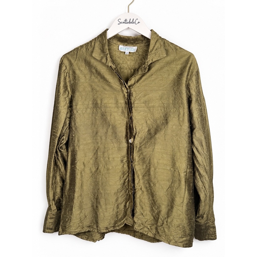 Bertozzi Silk Shirt Womens 2 Olive Green Crushed Textured Button Front Blouse